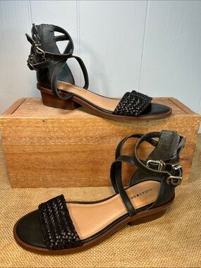 Lucky Brand Black Leather Woven Ankle Strap Sandals